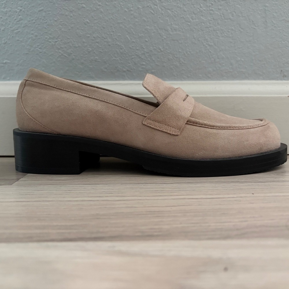 Stuart Weitzman Palmer Beige Suede Penny Loafers Lug Sole Shoes Womens - Picture 7 of 16